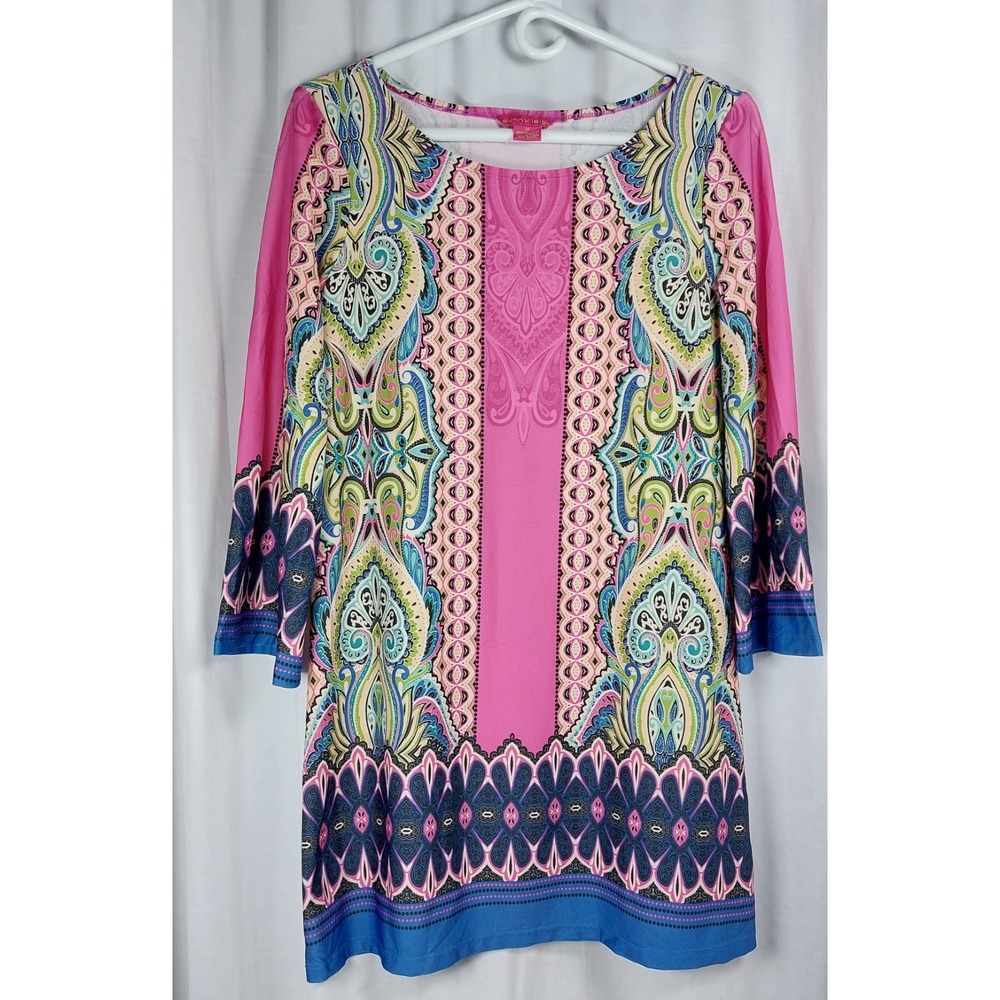 SUNNY LEIGH Floral Tunic Dress Long Sleeve Women's Med Pink Multi Lily‎ P. Style